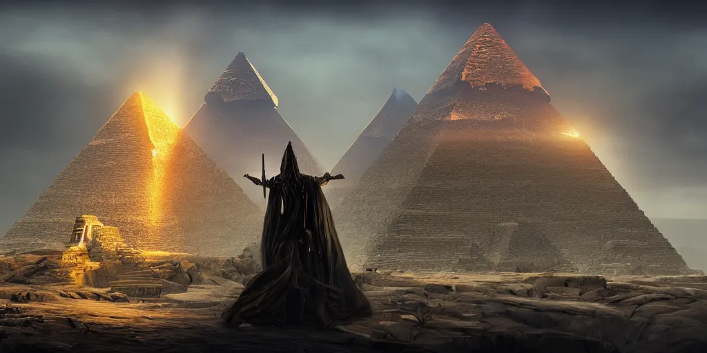 Prompt: Photorealistic epic intricate detailed dark wizard with arms outstretched, casting spells in front of an ominous Egyptian pyramid. a gentle rising mist, an epic rocky landscape. occult photorealism, UHD, amazing depth, glowing, golden ratio, 3D octane cycle unreal engine 5, volumetric lighting, cinematic lighting, cgstation artstation concept art