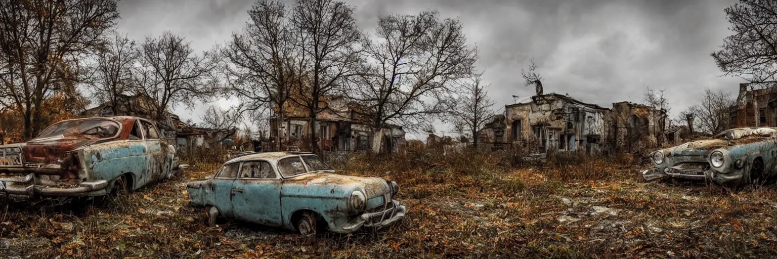 Image similar to low wide angle shot of dilapidated fallout 5 europa, retro futuristic overgrown euro rural town, decrepit road, dilapidated european houses, few rusted retro futuristic vintage parked vehicles like cars, volumetric lighting, photorealistic, daytime, autumn, cold sunny weather, sharp focus, ultra detailed, 4 2 0 0 k