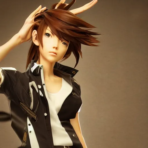 Image similar to a brown haired girl in a dynamic pose. character design. gesture drawing. line of action. official art, concept art. tetsuya nomura. final fantasy. shigenori soejima medium shot. ray tracing hdr. 8 k. uhd. sharp focus. highly detailed. masterpiece. cinematic lighting..