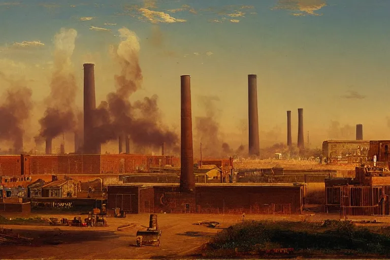 Prompt: large industrial section of a city, lots of smoke, smokestacks, large brick buildings, 1 8 0 0 s, rule of thirds, matte painting, highly detailed, cinematic lighting, by albert bierstadt, frederic edwin church