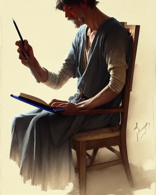 Prompt: old scribe writing a book, pov | | realistic shaded, fine details, realistic shaded lighting poster by greg rutkowski, magali villeneuve, artgerm, jeremy lipkin and michael garmash and rob rey