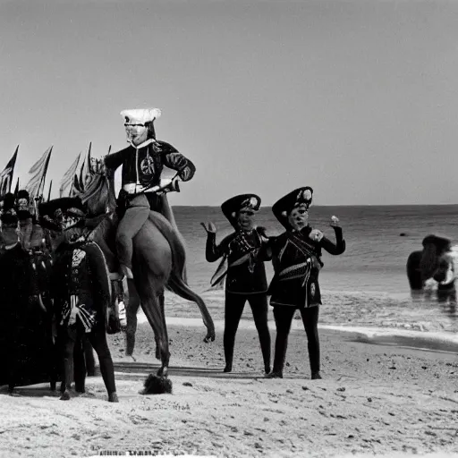 Prompt: Napoleon visiting the beach in bikini, historical black and white picture