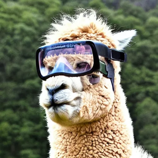 Image similar to an alpaca wearing a construction helmet and safety goggles