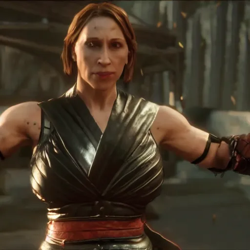 Image similar to Vera Farmiga in Mortal Kombat 11, fighting stance, sword, ps5 cinematic screen capture, 4k