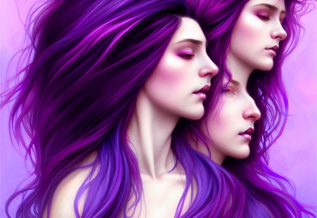 Image similar to Purple hair relistic Portrait of a two woman with bright colored flying hair, all shades of purple. Beauty face, Hair coloring, fantasy, intricate, elegant, highly detailed, digital painting, artstation, concept art, smooth, sharp focus, illustration, art by artgerm and greg rutkowski and alphonse mucha