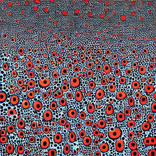 Prompt: nightmare city by yayoi kusama