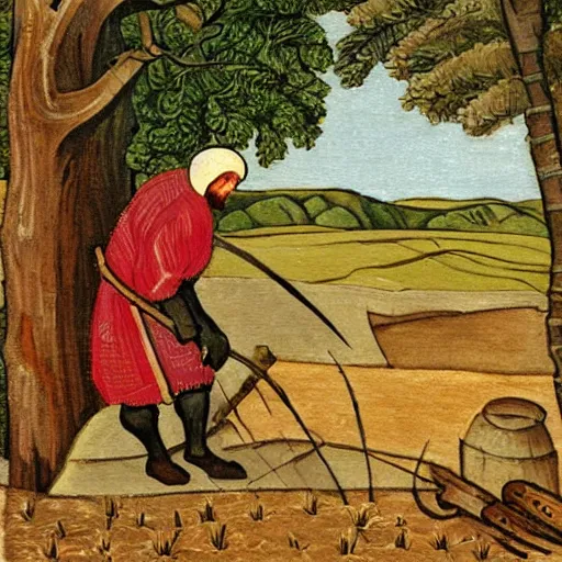 Image similar to a painting of a medieval peasant cutting down a tree