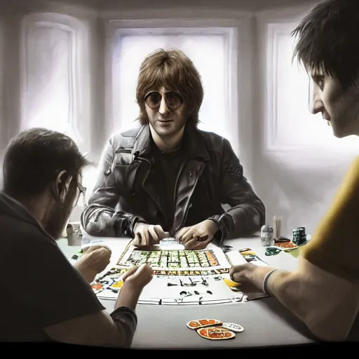 Image similar to john lennon playing poker, hyper detailed, dramatic lighting, cgsociety, realistic, hyper detailed, insane details, intricate, dramatic lighting, hypermaximalist, golden ratio, rule of thirds, octane render, weta digital, micro details, ultra wide angle, artstation trending, 8 k,