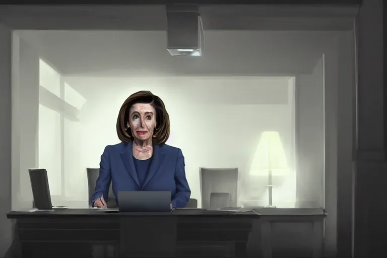 Prompt: Nancy Pelosi hiding in the shadows in a dark corner trading stocks on a laptop, face lit up by screen, very high detail, cinematic, volumetric lighting, artstation, 8k, dark, hyperrealistic