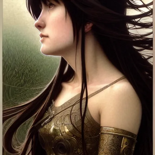 Image similar to Masterpiece head and shoulders portrait of a female Kazuto Kirigaya Kirito, young woman with brown long hair and bangs and wearing a long black coat breast-armor showing through, face, fantasy, intricate, elegant, highly detailed drawn by Donato Giancola and Fernanda Suarez and Artem Demura, face by Artgerm and Edmund Leighton, Alphonse Mucha, background by James Jean and Gustav Klimt, 4k, porcelain skin, komorebi, french nouveau, trending on pixiv, octane render, hyperrealistic