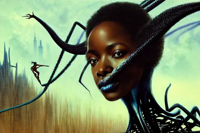 Image similar to realistic detailed closeup portrait movie shot of a beautiful black woman riding a giant spider, dystopian city landscape background by denis villeneuve, amano, yves tanguy, alphonse mucha, max ernst, ernst haeckel, edward robert hughes, roger dean, cyber necklace, rich moody colours, sci fi patterns, wide angle