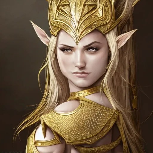 Image similar to side portrait!!! of a female elven warrior, fantasy, head tilted down, white hair, gold armour, gold jewelry, white skin, detailed face, trending on artstation, gsociety, D&D, elegant, highly detailed, sophisticated, hyperrealistic!!!!!, detailed illustration, smooth, sharp focus, upper body, intricate, rule of thirds, holy glow, backlit, hd 4k by Greg Rutkowski, Charlie Bowater, Karol Bak