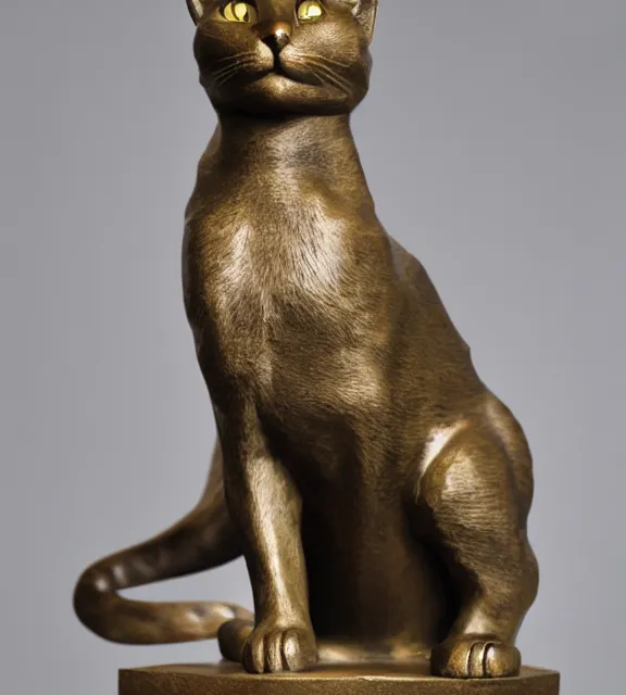 Image similar to a 4 k photorealistic photo medium shot of a bronze statue of a cat.