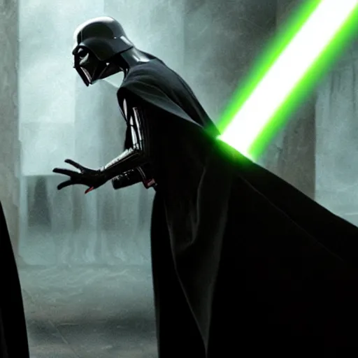 Image similar to voldemort vs darth vader, movie still photo,