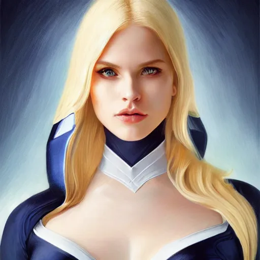 Image similar to a beautiful portrait of a beautiful cute superhero woman, blonde hair, matte navy - blue bodysuit, white cape, intricate, elegant, 8 k, highly detailed, ultradetailed, digital painting, concept art, smooth, sharp focus, illustration, disney, artgerm and loish and wlop and alphonse mucha
