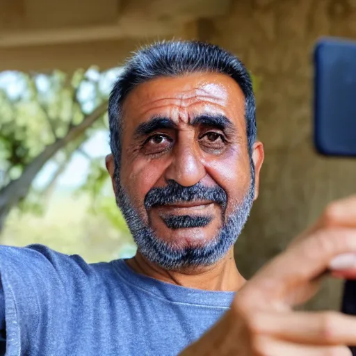 Image similar to my Kurdish dad taking a selfie with the front camera, in the background you can see a chimpanzee wearing male kurdish clothes, 4k uhd photo