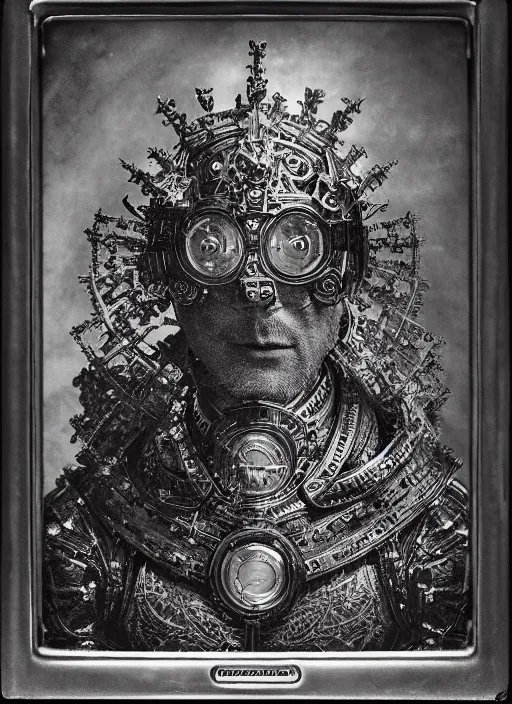 Image similar to old wetplate daguerreotype frame portrait of a futuristic silver armored king arthur emperor district 9 cyborg, fractal, intricate, elegant, highly detailed, subsurface scattering, by jheronimus bosch and greg rutkowski and louis jacques mande daguerre