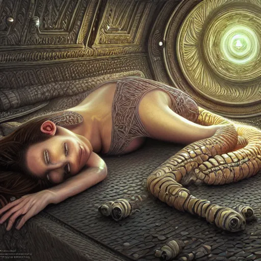 Image similar to ultra realist intricate detailed painting of a single attractive female in a cryopod sleeping with rows of pods, sci - fi, very intricate details, 8 k resolution, volumetric lighting, artstyle keith thompson, award winning