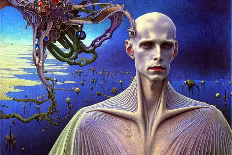 Image similar to realistic extremely detailed portrait painting of an elegantly creepy vampire man in cape, futuristic sci-fi landscape on background by Jean Delville, Amano, Yves Tanguy, Alphonse Mucha, Ernst Haeckel, Edward Robert Hughes, Roger Dean, rich moody colours, blue eyes