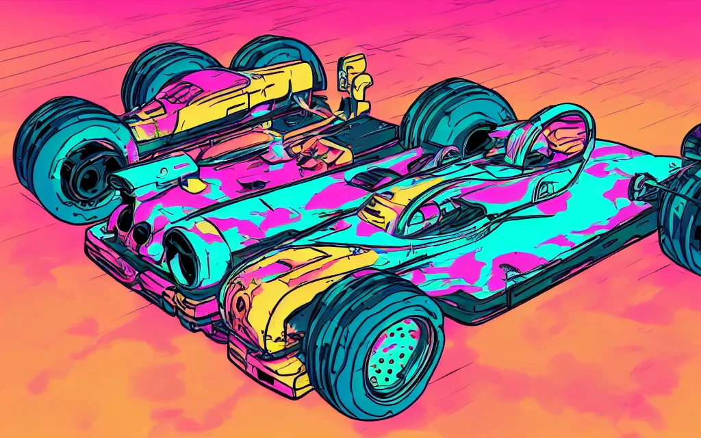 Prompt: an retrowave cyberpunk formula car on the mars, pastel, colorful, bright, cartoony, digital art