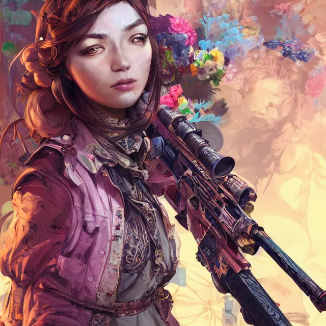 Prompt: the portrait of chaotic neutral colorful female gunner assassin as absurdly beautiful, gorgeous, elegant, playful, young woman, an ultrafine hyperdetailed illustration by kim jung gi, irakli nadar, intricate linework, bright colors, octopath traveler, final fantasy, unreal engine 5 highly rendered, global illumination, radiant light, detailed and intricate environment