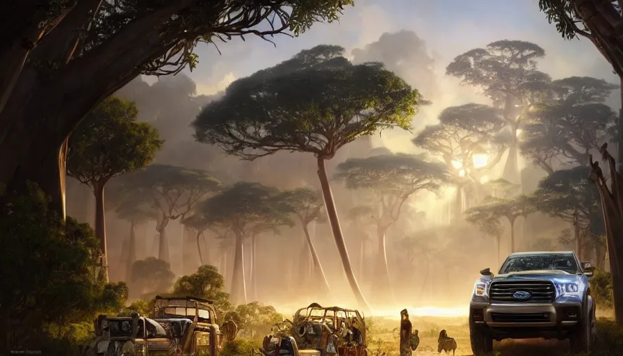 Prompt: an suv designed by ford driving through madagascar road with baobabs trees, animals running along, artgerm and greg rutkowski and alphonse mucha, an epic fantasy, volumetric light, detailed, establishing shot, an epic fantasy, trending on art station, octane render, midsommar