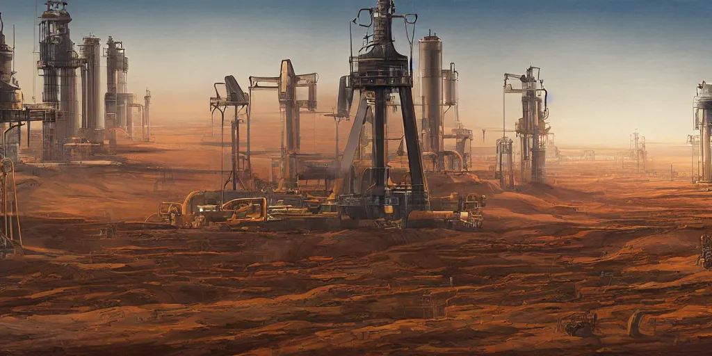 Image similar to oil field landscape with robots working in style of ralph mcquarrie, concept art, highly detailed