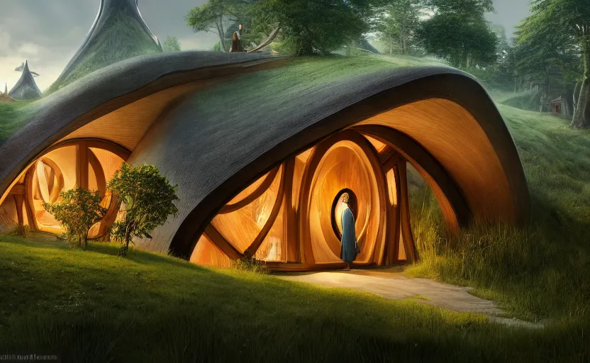 Prompt: exterior shot of hobbit houses at bag end shire in utopian architecture transparent building with cinematic lighting by zaha hadid and renzo piano, darek zabrocki and greg ruthkowski, alphonse mucha, simon stalenhag, cinematic, stars, beautiful, holy place, paradise, scifi, futurism, atmospheric, concept art, artstation