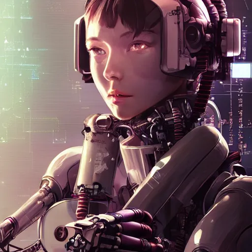 Image similar to highly detailed portrait of a post-cyberpunk robotic young lady with space helmet and wired cybernetic face modifications, skull face, robotic limbs, by Akihiko Yoshida, Greg Tocchini, Greg Rutkowski, Cliff Chiang, 4k resolution, persona 5 inspired, pristine white, pink, brown and black color scheme with sparking stray wiring