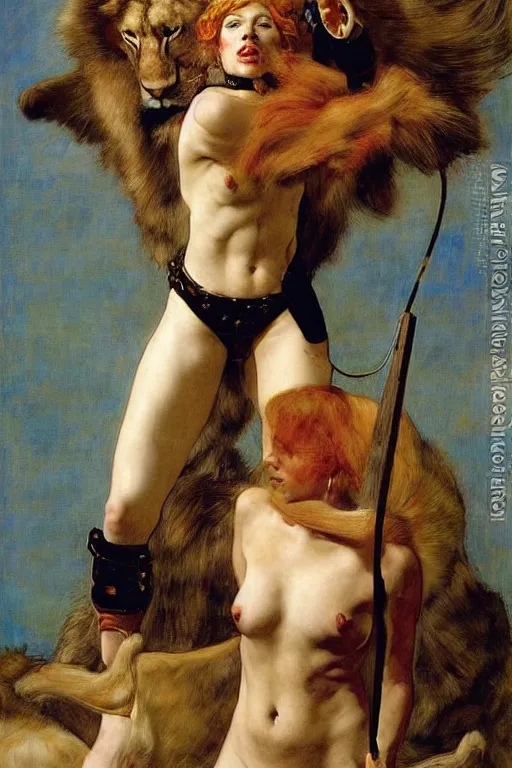 Image similar to scarlett johansson as a lion tamer by edgar maxence and caravaggio and michael whelan and delacroix