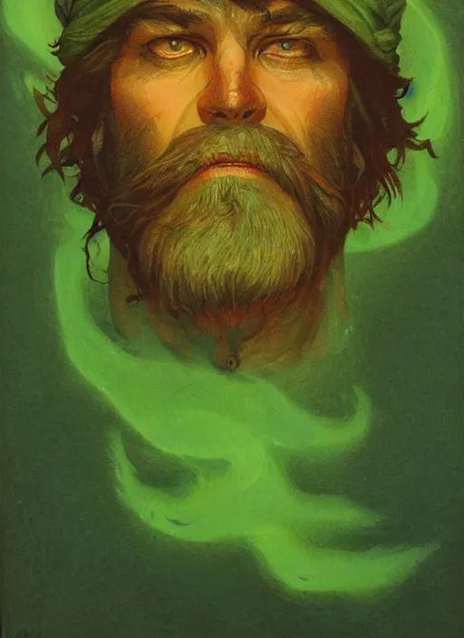 Image similar to portrait of grizzled sailor on sea of green flame, coherent! by brom, deep color, strong line, high contrast