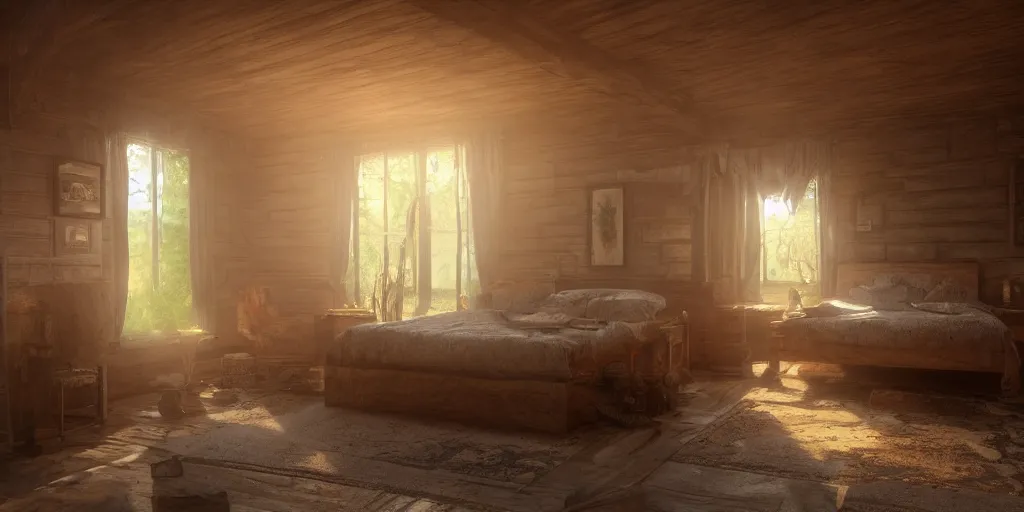 Prompt: A rustic old-fashioned wooded homey bedroom with dappled lighting and god-rays protruding in the style of Greg Rutkowski, oil painted, rendered in unreal engine, rendered in octane, trending on artstation, artstationHQ, artstationHD, artstation 4K, 8k resolution, professional grade, professional photography.