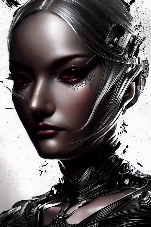 Image similar to beautiful female android in distress!, black shiny eyes, half portrait, background explosion, intricate detailed environment, floro details, intricate, elegant, highly detailed, digital painting, artstation, concept art, smooth, sharp focus, illustration, art by artgerm and brian sum