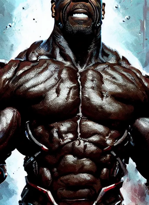 Image similar to terry crews as victor stone, full body concept, cyborg, borg, strogg, face of a man, terminator, flesh, quake strogg, doom demon, wolfenstein, monstrous, powerful, symmetry, symmetrical, concept art by ruan jia and greg rutkowski