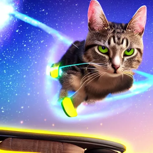 Prompt: a cat flying through space on a hoverboard, space clouds form the word anti behind it, unreal engine 5 render