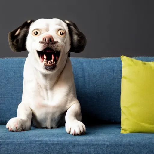 Prompt: a laughing dog sitting on a couch with its head cocked to the side.