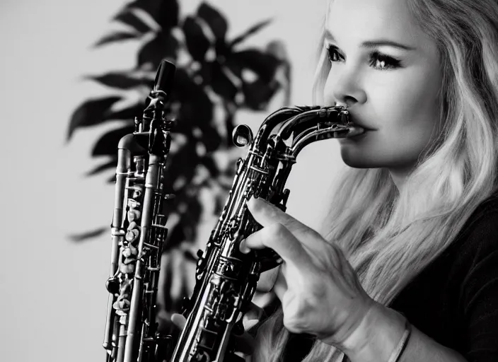 Image similar to photo still of tuesday weld playing a clarinet, 8 k, studio lighting bright ambient lighting key light, 8 5 mm f 1. 8