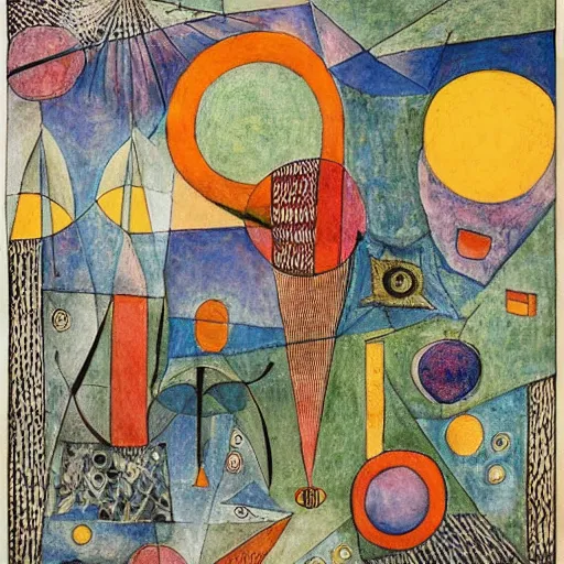 Image similar to musical score that holds a secret message, inspired by klee, bosch, durer. hyperdetailed color pen and ink intricate elaborate, collection of museum of modern art, new york