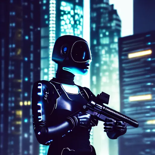 Prompt: cinestill 5 0 d candid photographic portrait of a techwear woman holding a gun on the rooftop of a futuristic city at night, closeup, modern cyberpunk moody emotional cinematic, clear skies, 8 k, hd, high resolution, 3 5 mm, f / 3 2, ultra realistic faces, ex machina