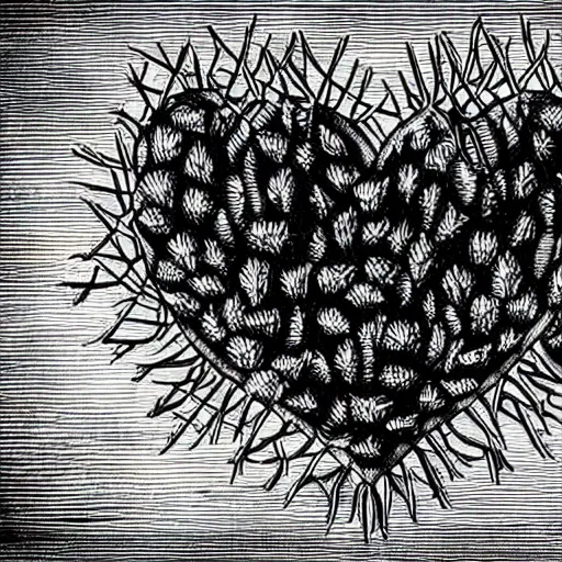 Prompt: black and white drawing of a heart covered with thorns, very contrasted