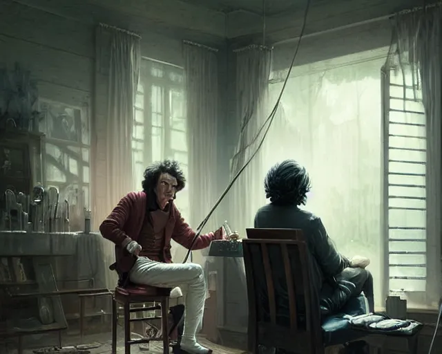 Image similar to ludwig van beethoven getting his nails manicured, in the walking dead, stephen bliss, unreal engine, fantasy art by greg rutkowski, loish, rhads, ferdinand knab, makoto shinkai and lois van baarle, ilya kuvshinov, rossdraws, tom bagshaw, global illumination, radiant light, detailed and intricate environment