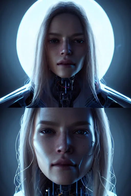 Prompt: a portrait of a beautiful 28th century super cool post-human female with long hair, barely human and largely biomechanical cyberpunk, hyper-realistic, very detailed unreal engine, by Artgerm, WLOP and Ross Thran, dramatic cinematic lighting rendered by octane, 8k, detailed, trending on artstation, deviantart google images, pinterest