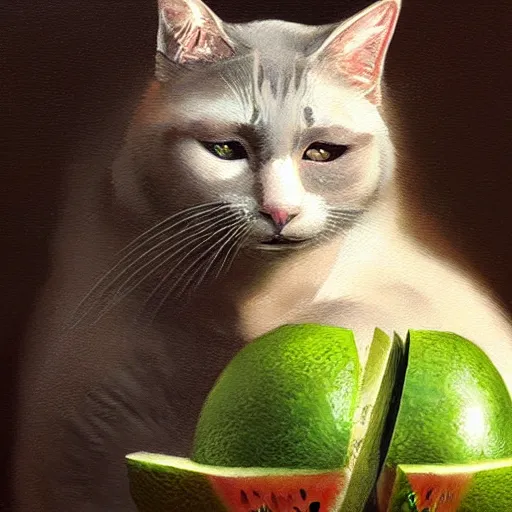 Image similar to very detailed masterpiece painting of a cat eating a melon, portrait, artstation, concept art by greg rutkowski