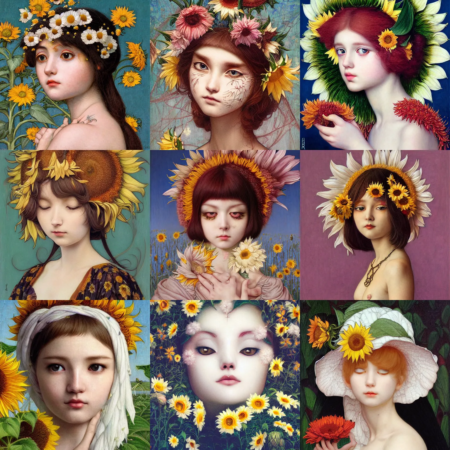 Image similar to white cat girl, botanical, sunflower, portrait face, colorful, frantisek kupka, intricate, miles johnston, kuroda seiki, cynical realism, ozabu, john william godward, painterly, yoshitaka amano, moebius, miles johnston, louise zhang, james jean, mark ryden lowbrow pop surrealism art style