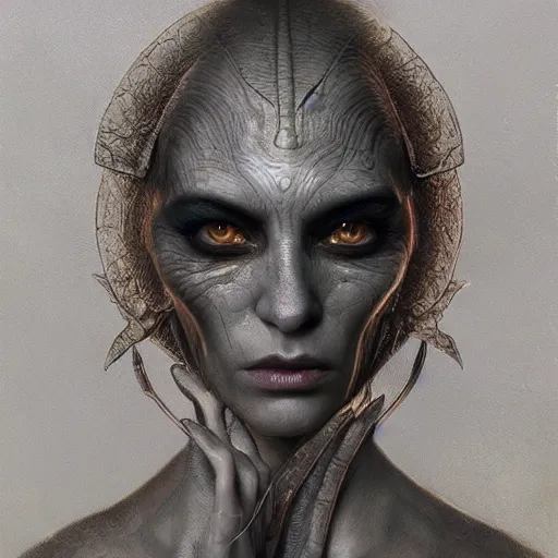 Image similar to portrait painting of a grey alien, ultra realistic, concept art, intricate details, eerie, highly detailed, photorealistic, octane render, 8 k, unreal engine. art by artgerm and greg rutkowski and alphonse mucha