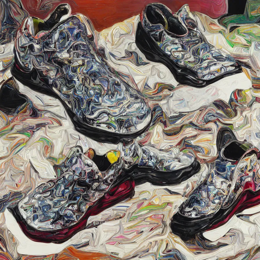 Image similar to futuristic balenciaga sneakers, nft art, highly detailed, hyper realistic, art by todd mcfarlane, by ( ( ( lucian freud ) ) ) and gregory crewdson and francis bacon