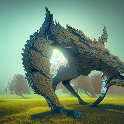 Image similar to a detailed 3 d render magical beast occult magick features in the style of beeple and ethnobotany and dark fantasy, 8 k, crisp, cg society, award winning art, dazzling, fascinating