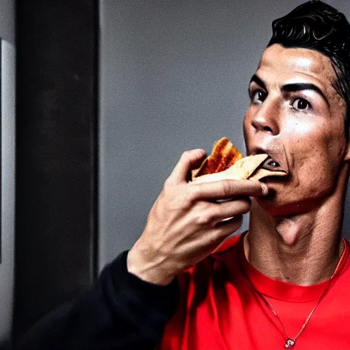 Image similar to cristiano ronaldo eating from doritos in the toilet, cinematic composition, 4 k, movie still