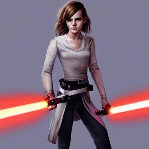 Prompt: emma watson holding a lightsaber, by wlop, trending on artstation, concept art, illustration, intricate, ornate, 8 k, highly detailed