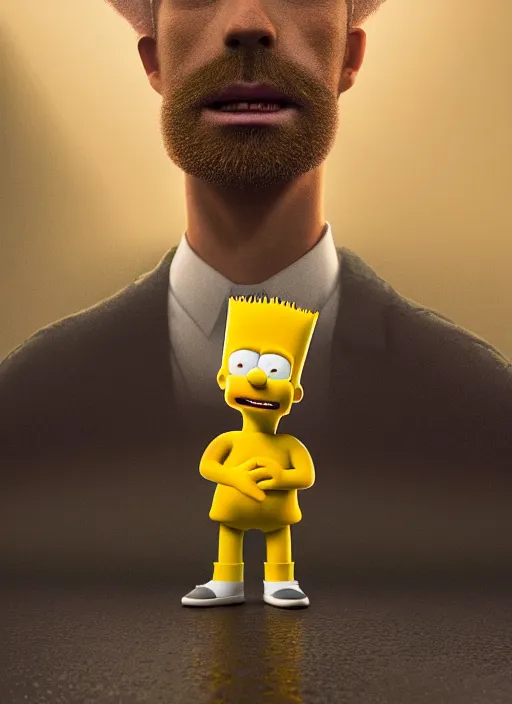 Image similar to bart simpson in real life, face centered portrait of bart simpson, confident, fog, rain, volumetric lighting, beautiful, golden hour, sharp focus, ultra detailed, cgsociety by leesha hannigan, ross tran, thierry doizon, kai carpenter, ignacio fernandez rios, noir art house, 4 k, 3 5 mm, fujifilm